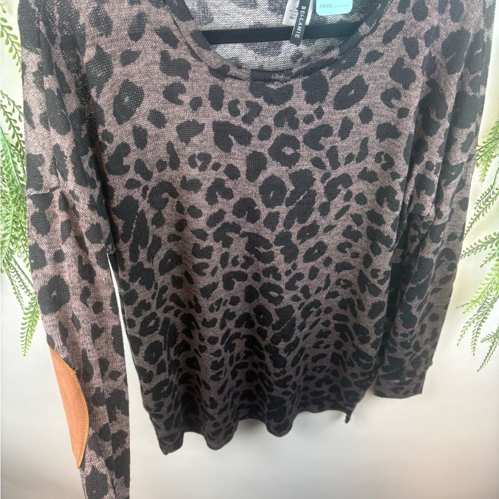 Bellamie sweater. Animal print. Elbow patches. Crew neck. Size Medium